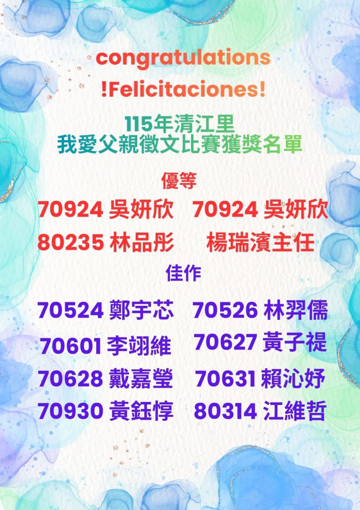 115年清江里我愛父親徵文比賽—得獎名單