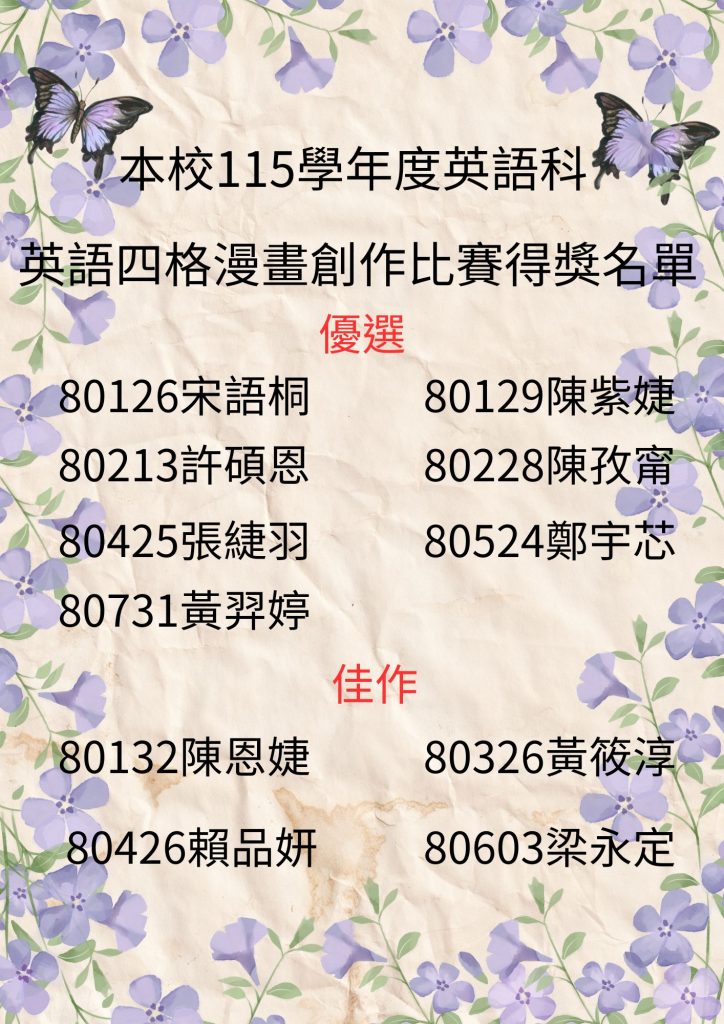 本校115年英語科英語四格漫畫創作比賽得獎名單